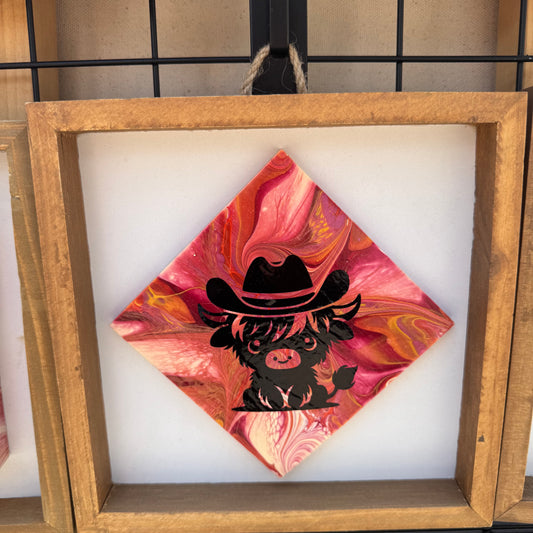 8" Diamond Framed Art - Sunrise (Highland Cow)