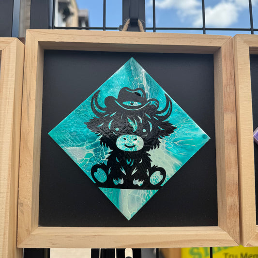 8" Diamond Framed Art - Teal Burst (Highland Cow)