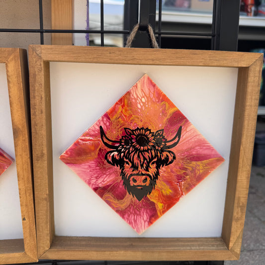 8" Diamond Framed Art - Ruby Sunflower (Highland Cow)
