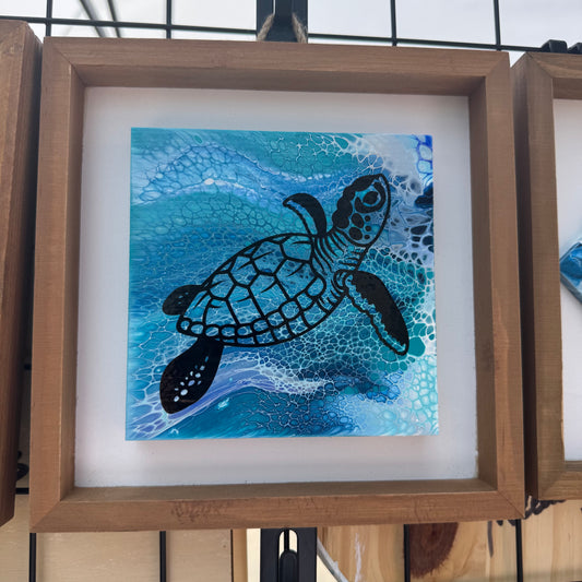 8" Square Framed Art - Swim On (Turtle)