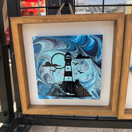 8" Square Framed Art - By the Sea (Lighthouse)